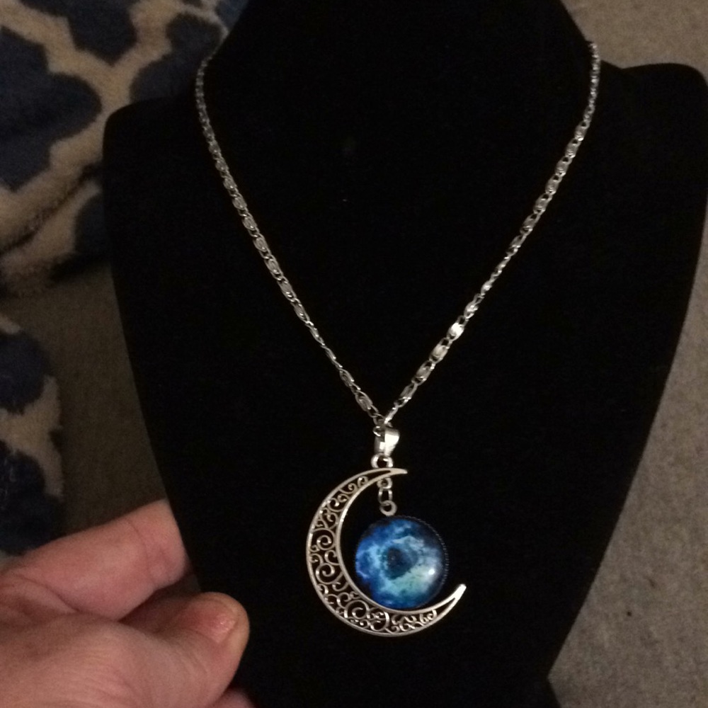 Blue moon nebula crescent necklace
